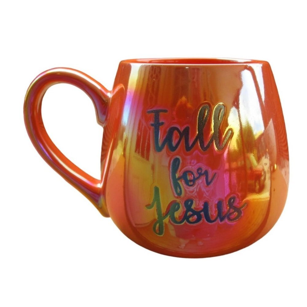 Fall For Jesus Orange Lusterware Iridescent Mug Bebe Harvest Thanksgiving NWOT